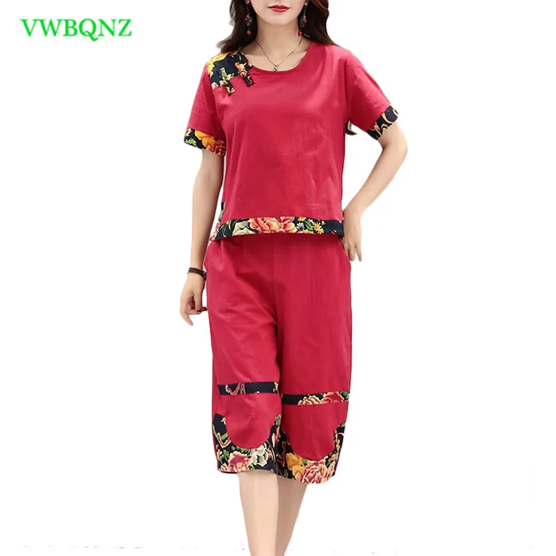 

Summer Plate buckle Set Women Folk-custom Splice Printing Coat Women's Cotton Linen Tops Loose Wide leg pants Red Two Sets A281