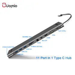 Uomio Тип usb C концентратора Rj45 Ethernet Mini DP HDMI VGA Card Reader адаптер Алюминий нескольких USB 3,0 Hub для Macbook Pro 11 Порты и разъёмы в 1