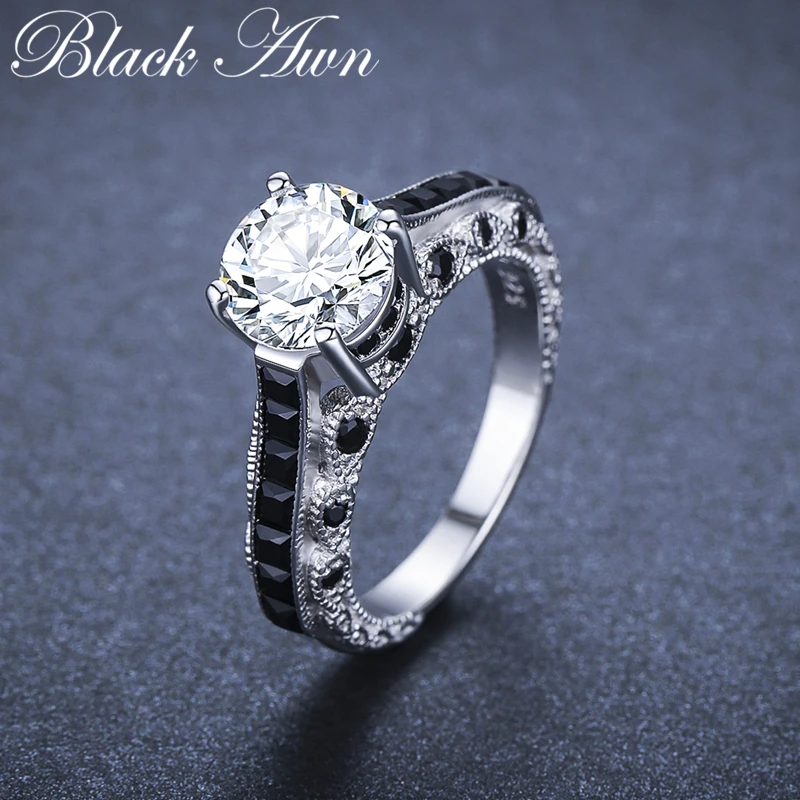 [Черный AWN] Настоящее 925 пробы Серебряное кольцо черная шпинель круглый палец Элегантные кольца для женщин серебро 925 ювелирное изделие подарок G015