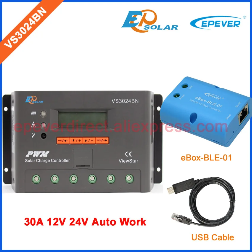 

Connector USB cable and eBOX-BLE-01 APP Phone use PWM EPSolar 30A EPEVER Solar controller 12V 24V Auto Work VS3024BN