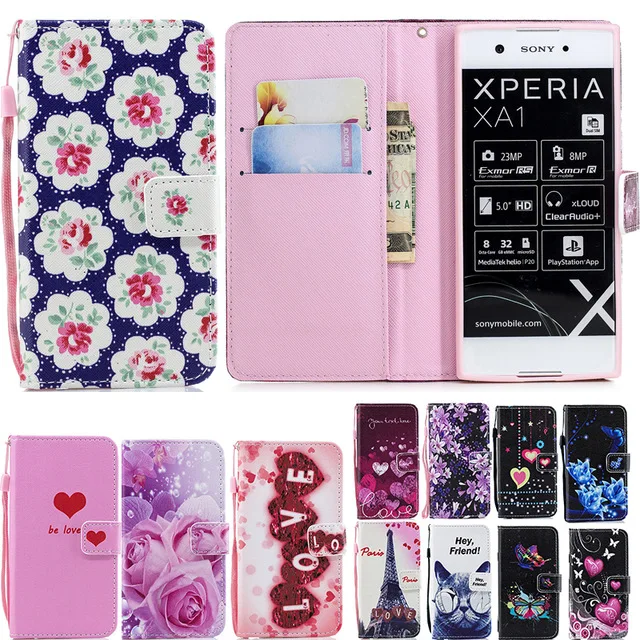 

Wallet Flip Leather Case For Sony Xperia XA1 XA2 XZ1 XZ2 Compact L1 L2 Flower Art Cartoon Cover