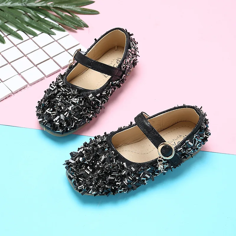 Black pink Silver Childrens leather shoes Girl Rhinestone Princess dancing shoes Kids Wedding Party Shoes For Girl 3-15T