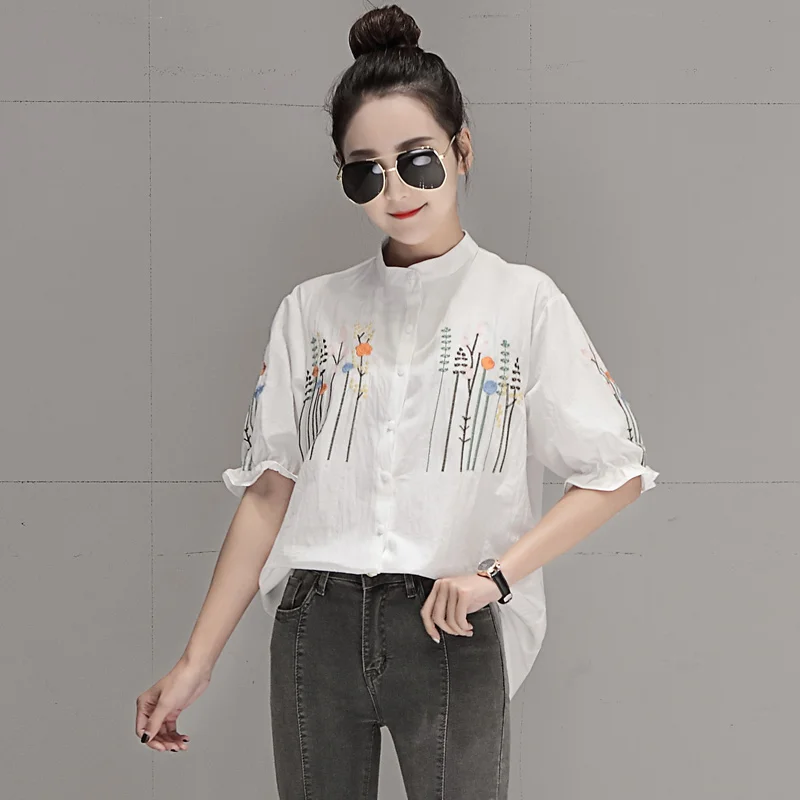 

2019 New Summer Women Shirts Half Lantern Sleeve Striped Embroidered Blouse Shirt White Stripe 5339