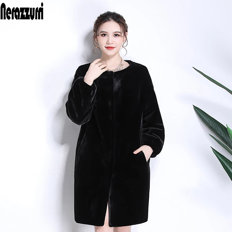 Nerazzurri Faux Fur Coat women drop shoulder thicken warm female fake sheared mink fur jackets plus size furry outwear 6xl 7xl