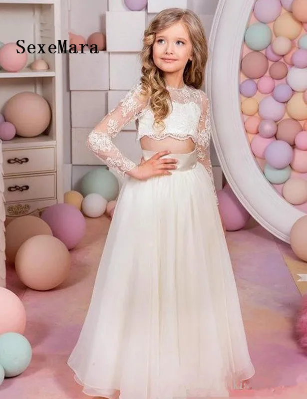 

New Two Pieces Ivory White Girls Dress First Communion Gown Long Sleeve Lace Buttons Back Flower Girls Dresses for Wedding