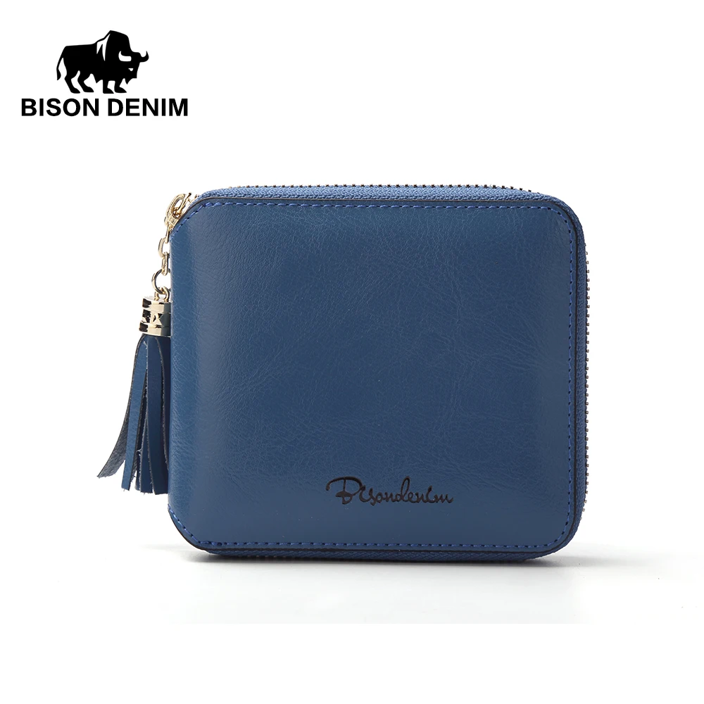 BISON DENIM женский кошелек из натуральной воловьей кожи женский кошелек с кисточками держатель для карт роскошный женский кошелек N9336 - Цвет: Синий