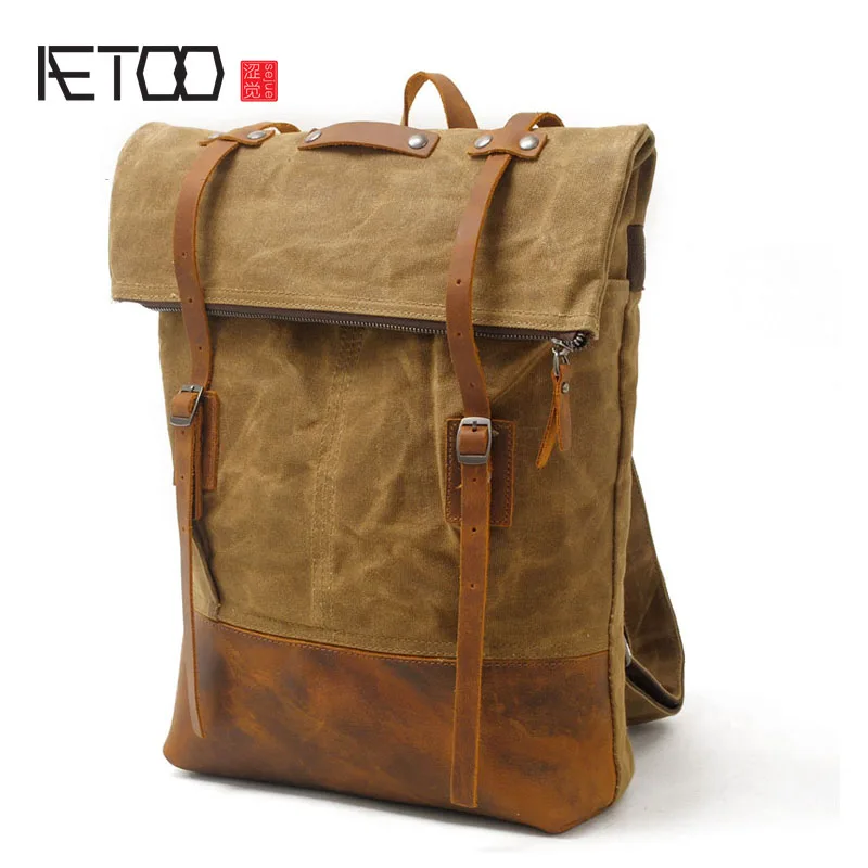 

AETOO Canvas shoulder bag men leisure backpack batik waterproof travel bag with the first layer of leather