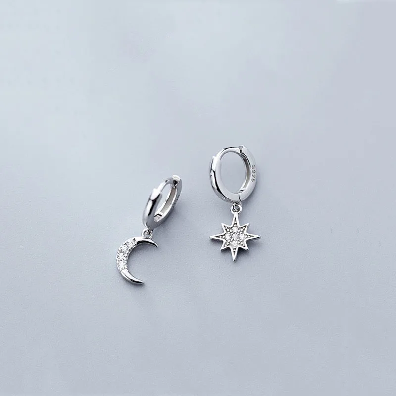 

WTLTC 925 Sterling Sliver CZ Moon Star Hoop Earrings for Women Dainty Helix Piercing Earrings Asymmetric Starbust Hoops Earrings