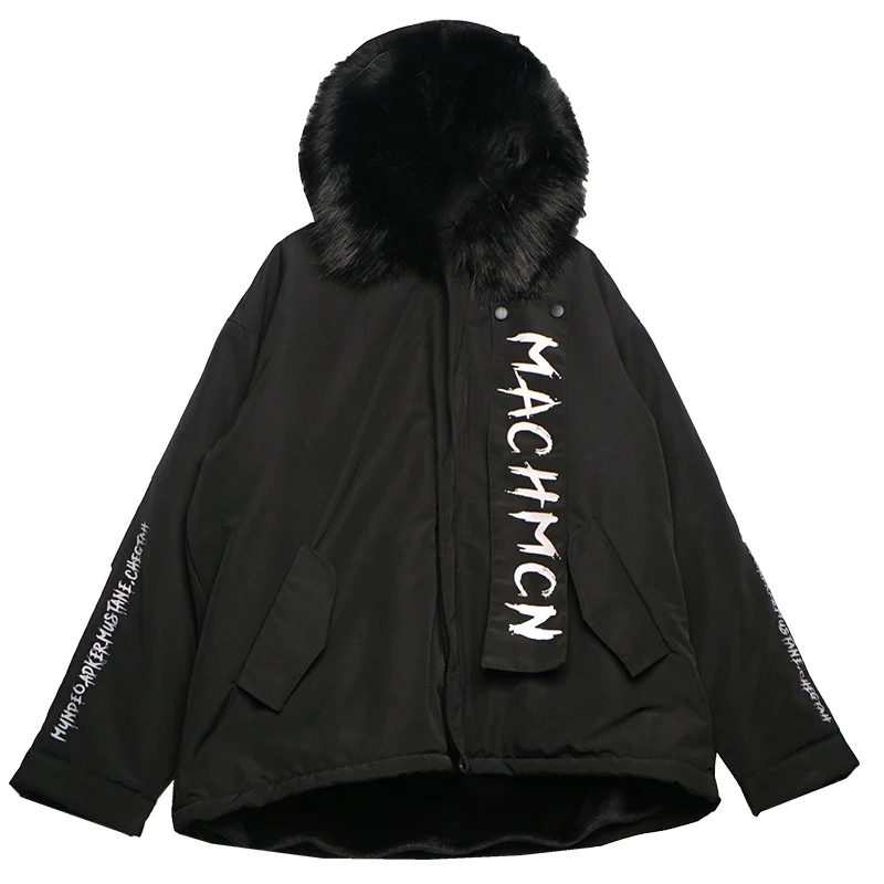 Женская зимняя черная парка с большим меховым воротником и капюшоном, Женская Толстая теплая куртка с длинным рукавом, модное пальто с буквенным принтом размера плюс Z985 - Цвет: black collar