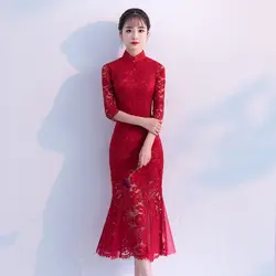 Красное Свадебное китайское платье 2018 Новое модное кружевное китайское традиционное платье Русалка свадебное Qipao платье тонкий длинный