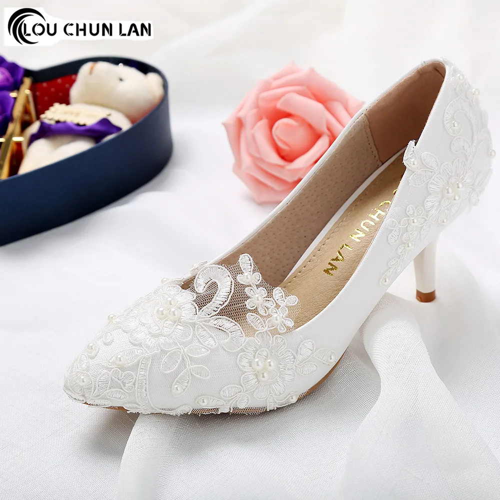 

Shoes Women Pumps New Arrival White wedding shoes female buckle flower lace pearl shoes bridal shoes 7CM Heels