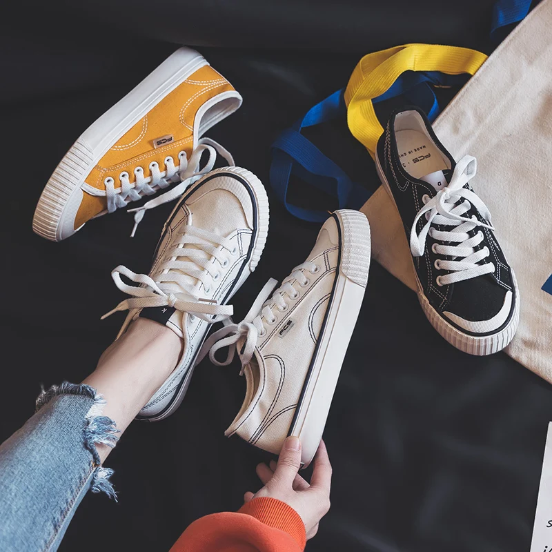 

2019 New Canvas Shoes Girls Pure Color Ins Street Hong Kong Style Low Top All Match Women Yellow Sneakers Chaussures Pour Femmes