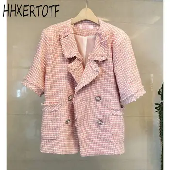 

2019 Summer Runway Designer Tweed Jacket Women Short Sleeve Notched Pearls Double-Breasted Tassles Pocket Woolen Jacket Coat