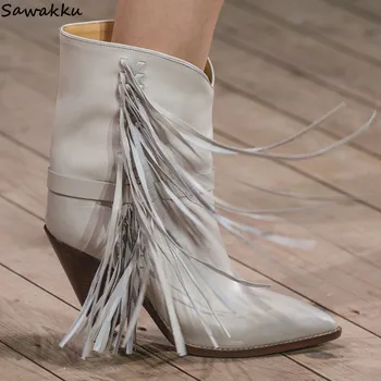 

Autumn Winter Paris Show Women Booties Fringed Leather Ankle Boots White Western Womens Cowboy Botas Chunky Heels Woman Shoes