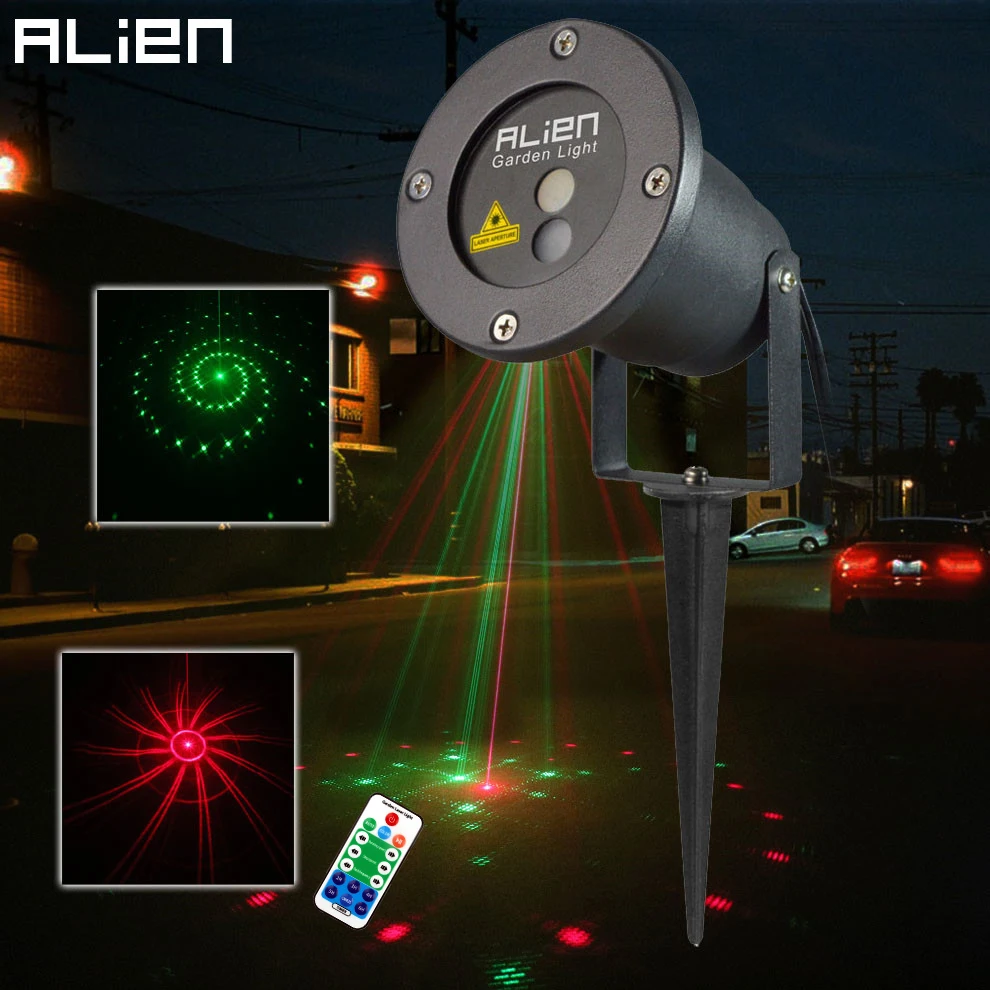Billige ALIEN 12 Muster Rot Grün Laser Projektor Wasserdichte Outdoor Fern RG Landschaft Beleuchtung Garten Weihnachten Urlaub Rasen Lichter