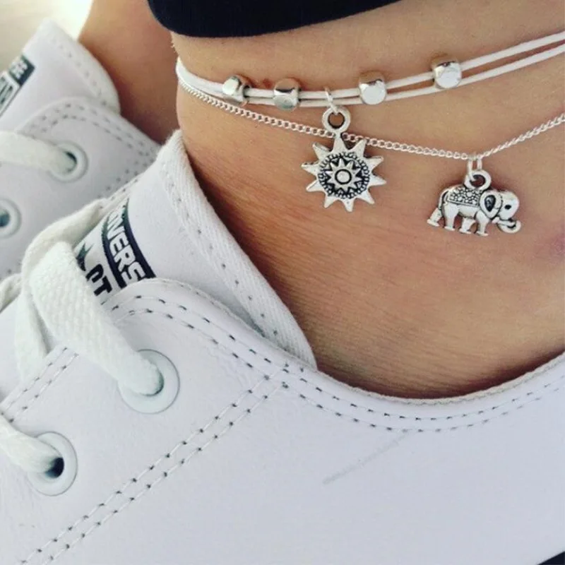 

Vintage Multiple Layer Anklets for Women Elephant Sun Pendant Charms Rope Chain Beach Summer Foot Ankle Bracelet Jewelry