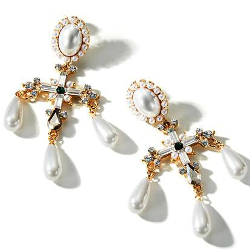 Charmcci Baroque White Cross Dangle Drop Earring Pearl Long Earrings