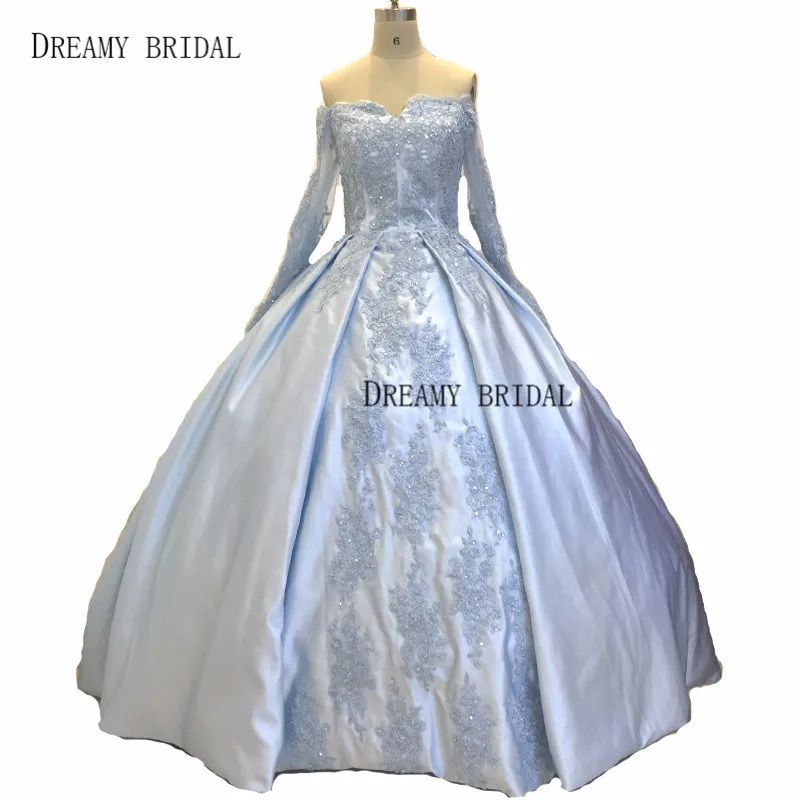 Dreamy Bridal Blue Long Wedding Dresses Ball Gown Sweetheart Long Sleeves Off the Shoulder Lace Beads Bride Gowns Custom Made
