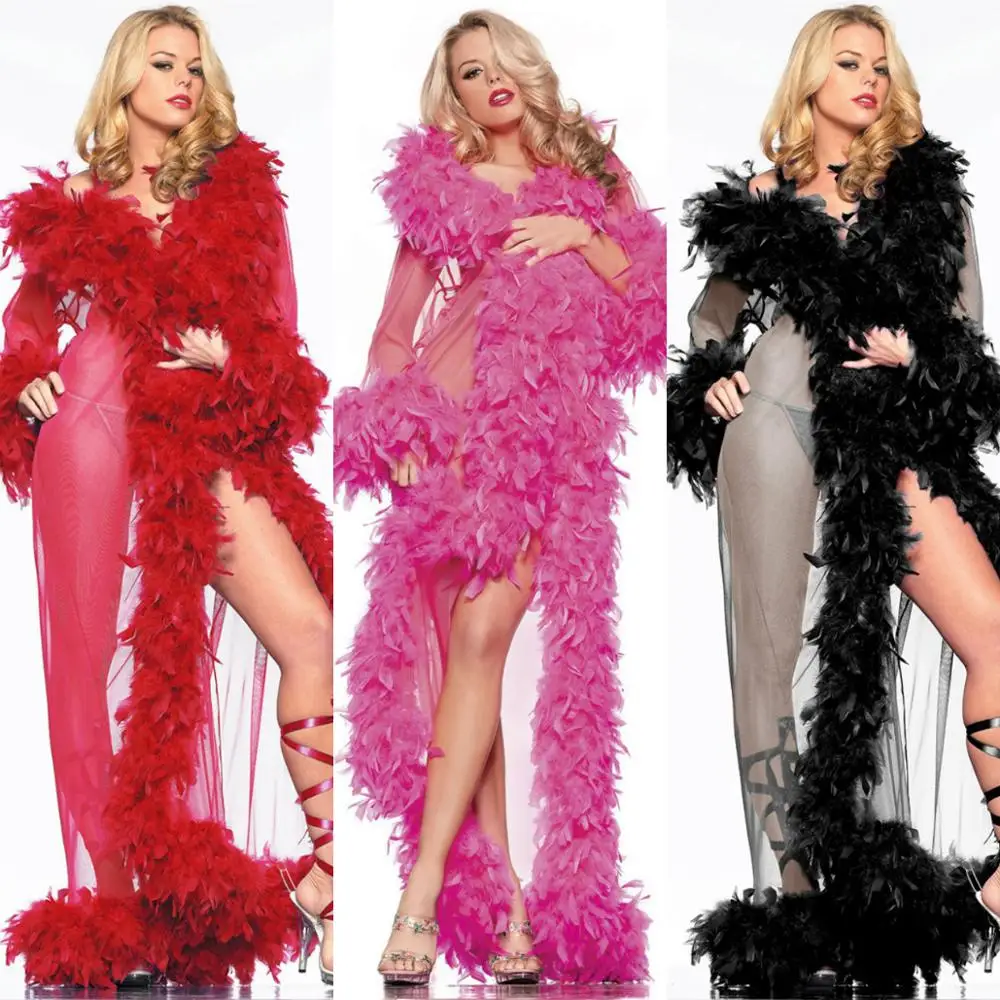 

Sexy See Through Night Robe Custom Made Feathers Long Sleeves Luxurious Party Sleepwear Nightgown Robes