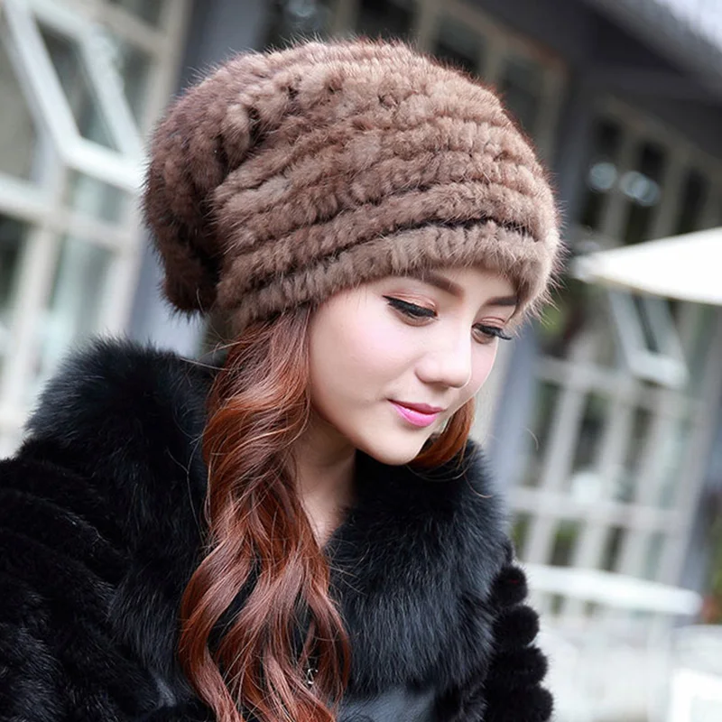 Mode Naturel Vison Tricoté Chapeau De Fourrure Hiver Femmes Russe Style Chaud Casual Bonnets Chapeau Chapeaux