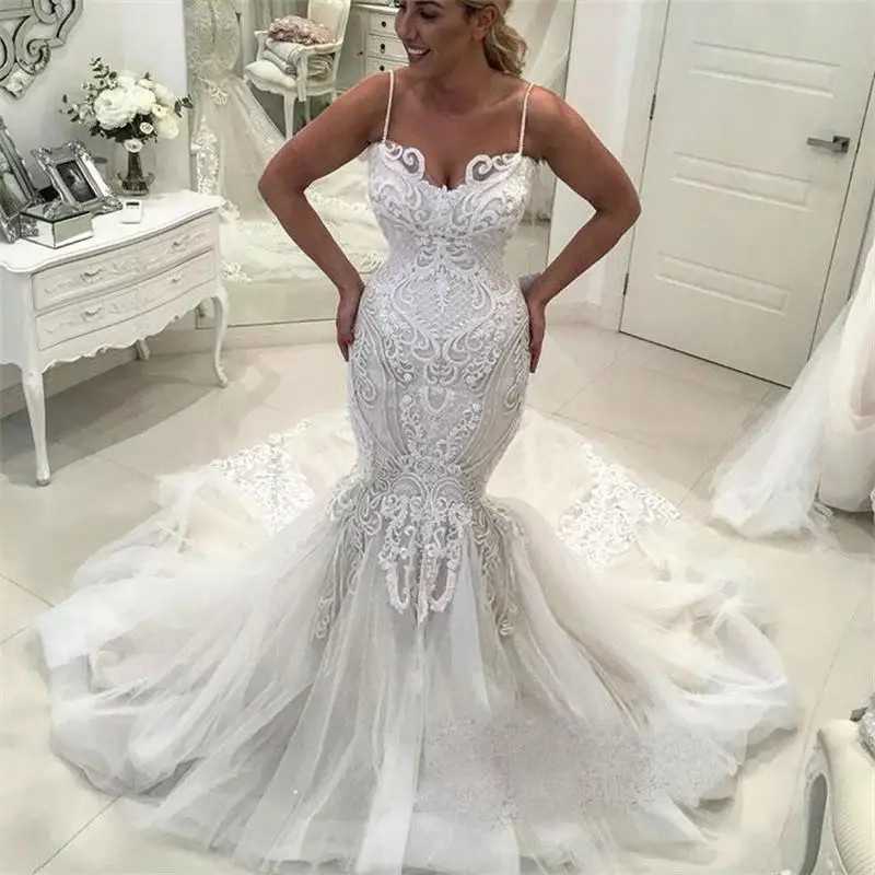 Plus Size Mermaid Wedding Dress Spaghetti Straps Lace Applique Tulle Sweep Train Bridal Gowns Vestido De Novia | Свадьбы и торжества