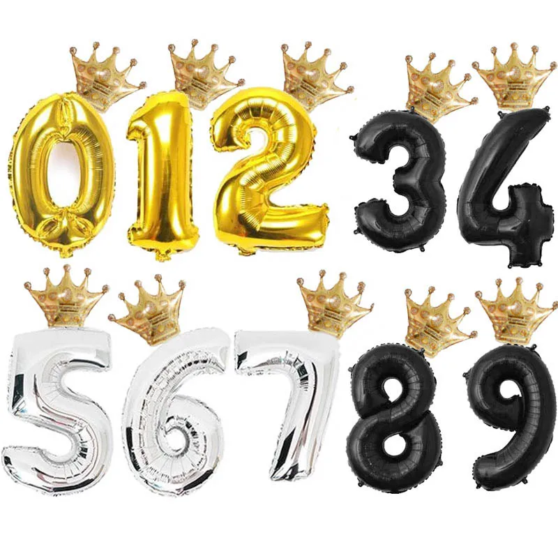 

32 inch Number balloon+Mini Golden crown Gold silver Black ballon figure 1-9 year kid boy girl birthday party decorations balony
