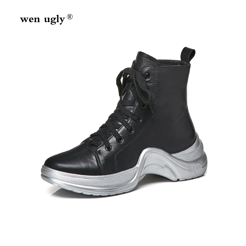 

wen ugly Black fashion track shoes with winter boots women's leather Martin boots 2018 new short boots handmade high heels