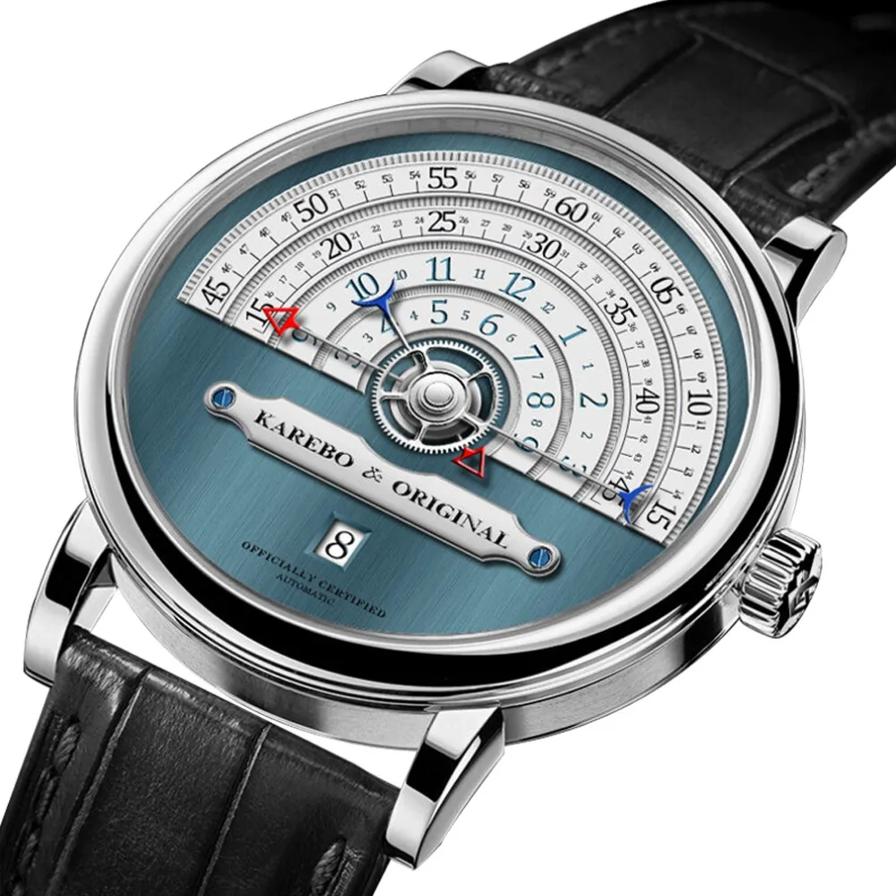 KAREBO мужские ультратонкие полукруглые механические наручные часы со шкалой времени с ETA2824 автоматические самовзводные мужские часы t-Blue