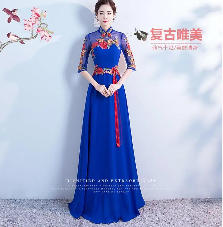 Роскошное Королевское синее вечернее платье со шлейфом для невесты, свадебное платье Cheongsam, Китайские Восточные платья