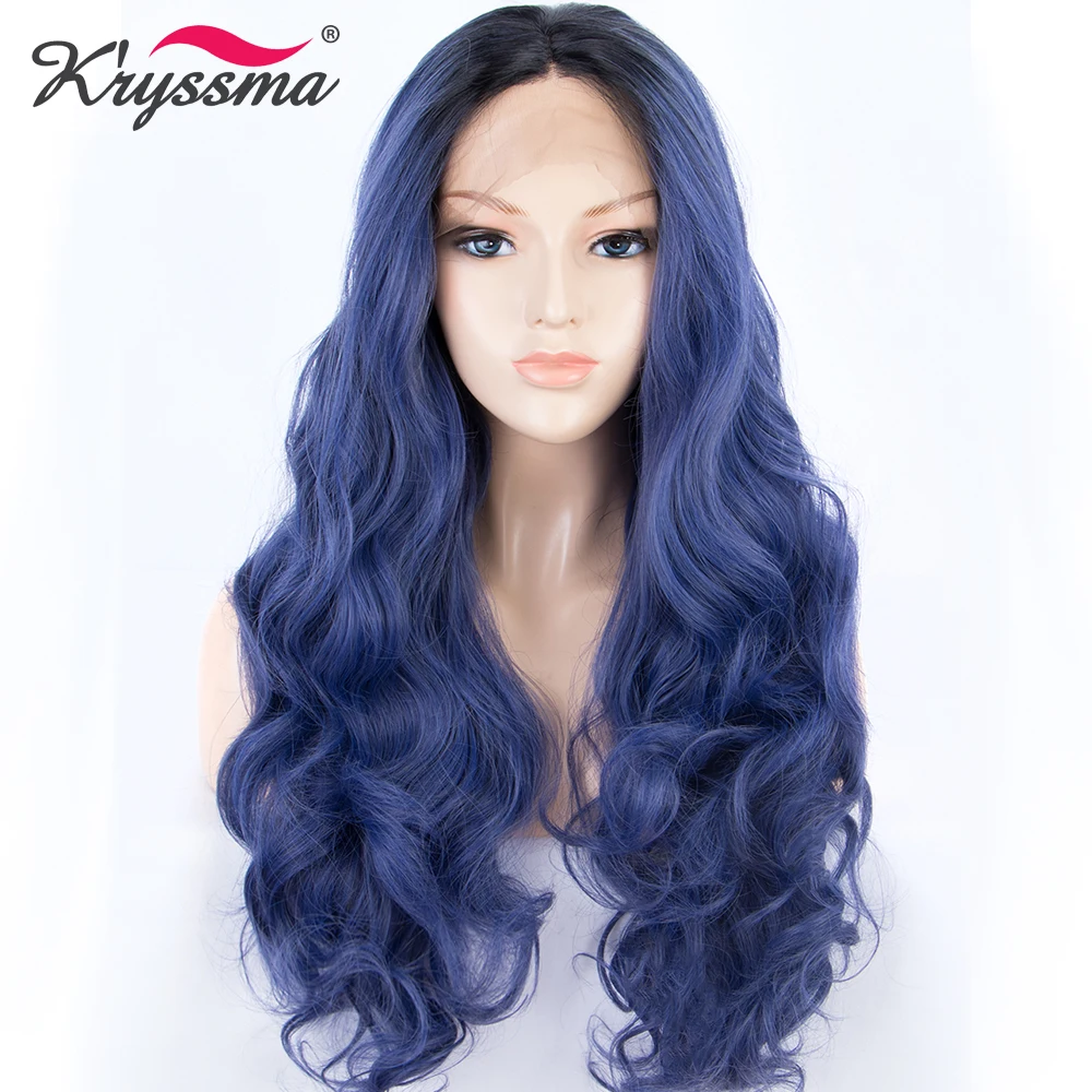 

Dark Blue Synthetic Lace Front Wigs For Black Women Glueless Long Wavy Ombre Black Roots Middle Part Cosplay Wigs K'ryssma