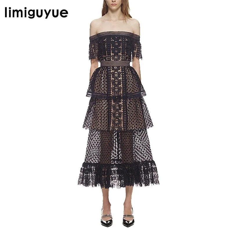 

limiguyue hollow out black lace party long dress women slash neck layer cake runway dress 2019 self portrait dresses Z0609