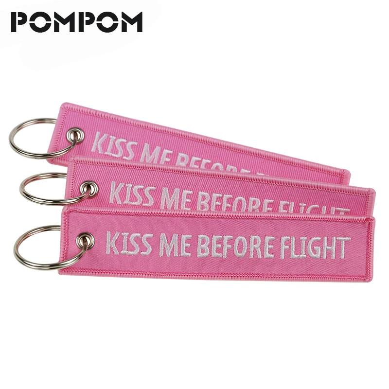 

POMPOM 3PCS/LOT KISS ME BEFORE FLIGHT Keychains Aviation Gifts for Pilot Stitch Pink OEM keychian keyring Key Tags llaveros lote