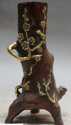 

B0601 4268" China Palace Bronze Gilt Plum Blossom Flowers Bird Brush Pot Pencil Vase Tube statue