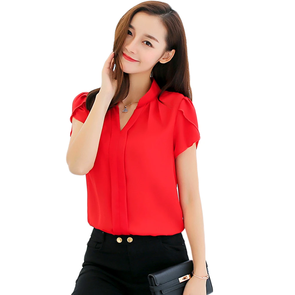 V cuello DE TRABAJO desgaste Chemise moda mujer blusas camisa de manga corta Blusa de gasa 4 color|Blusas y camisas| - AliExpress