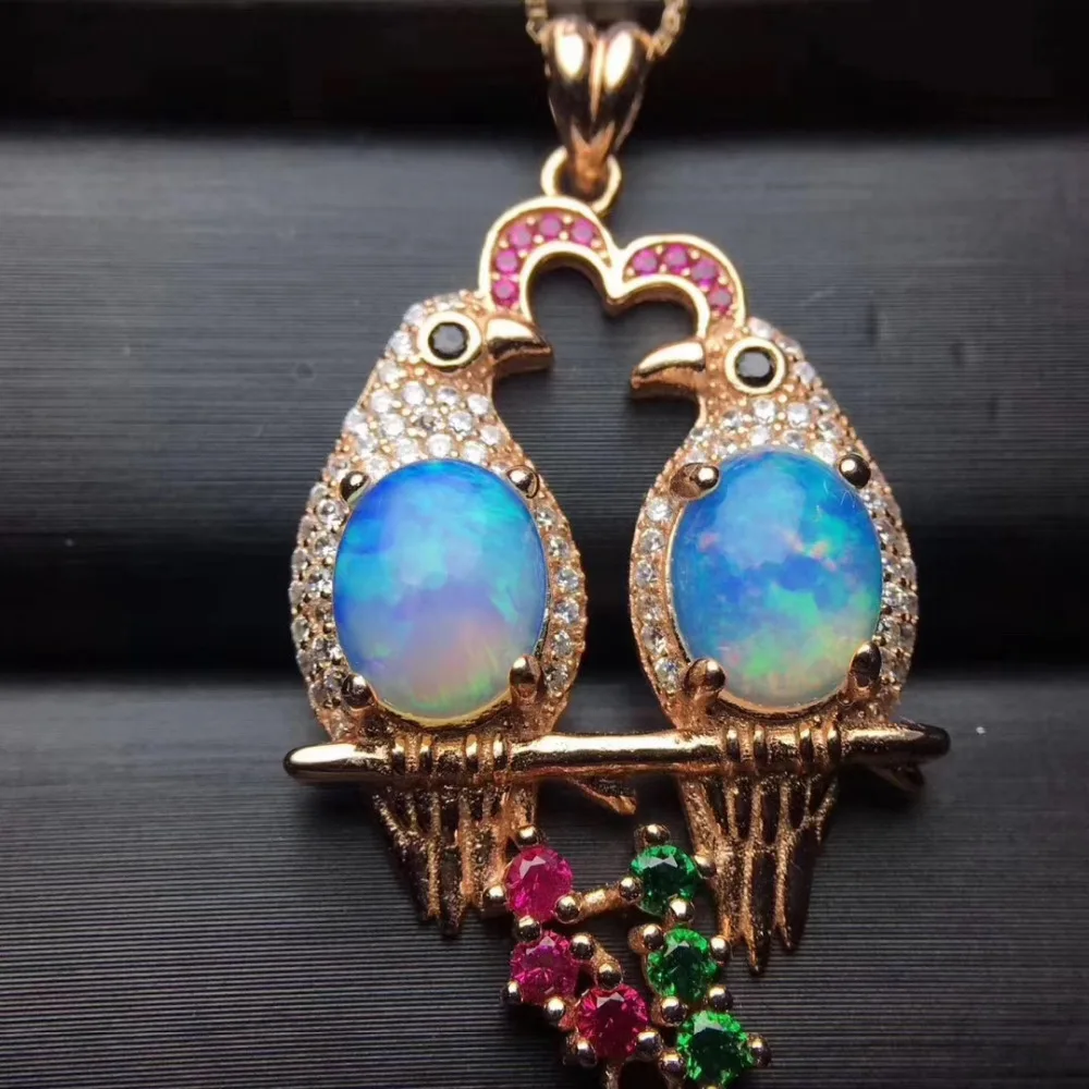 

natural Multicolor opal Romantic couple magpie Pendant natural gemstone pendant necklace S925 silver Women girl gift jewelery