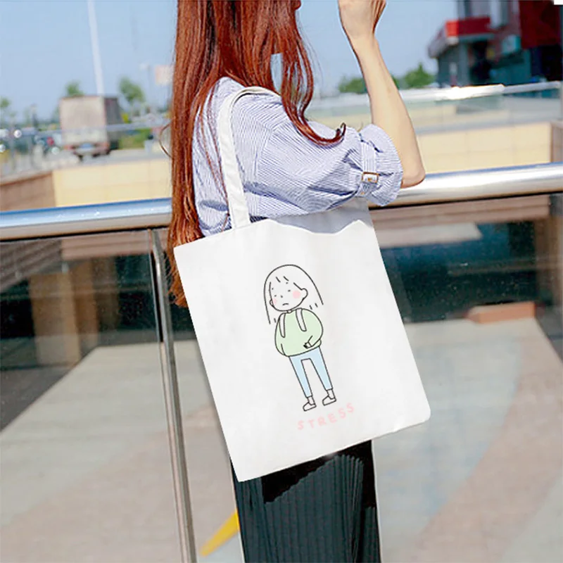

Simple Casual Cartoon Printing Canvas Women Tote Pocket Eco Shopping Bag Pouch Large Capacity Shoulder Handbag For Female