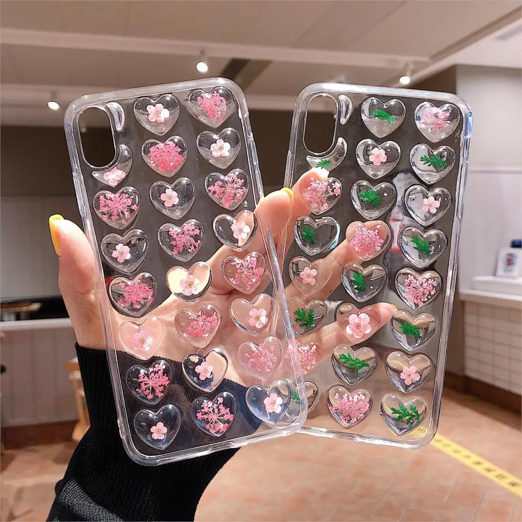 

3D Clear Love Heart Case For iPhone X XS Max XR 7 6S 8 Plus Soft Silicone TPU Real Dried Flower Transparent Cover For iPhone X