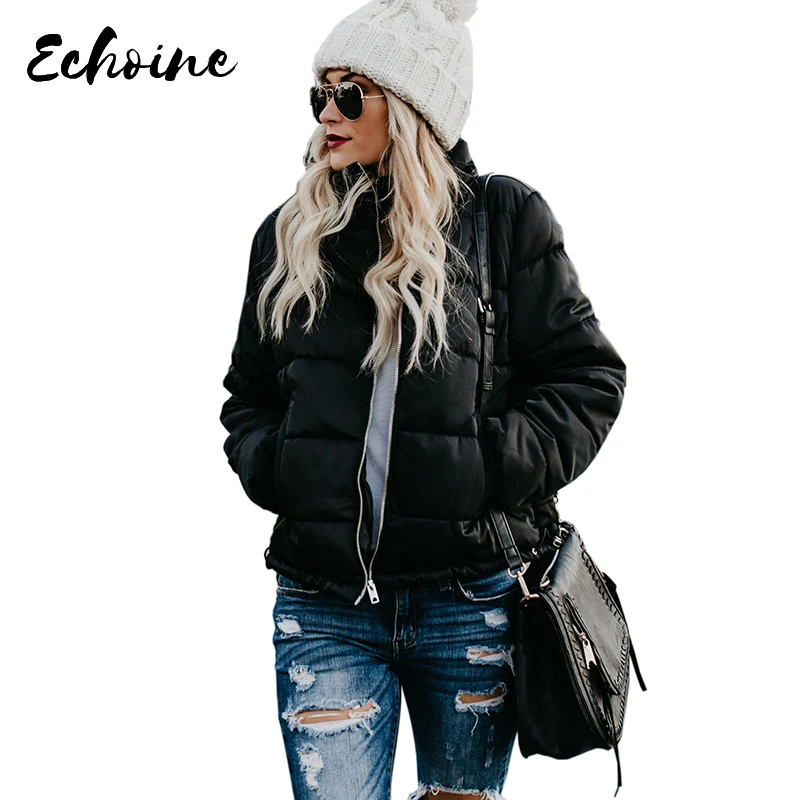 

Echoine Black/Blue Mammoth Pocketed Puffer Jacket Women Winter Long Sleeve Stand Collar Front Zipper Warm Plus Size XXL Coats