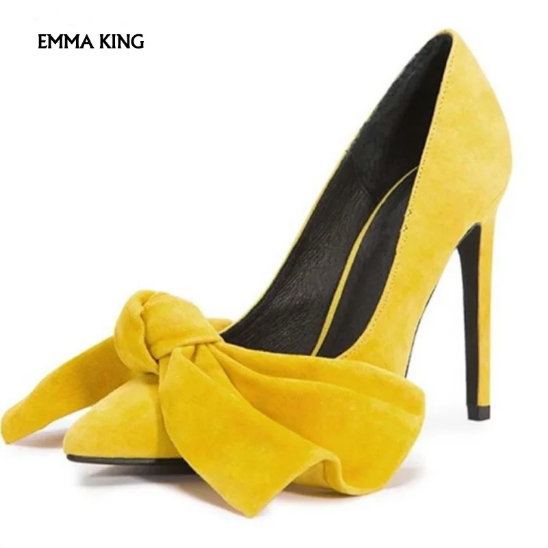 

2019 Black Big Bow High Heels Suede Pumps Woman Pointed Toe Fashion Flower Dress Wedding Shoes Woman zapatos de mujer EURO35-43