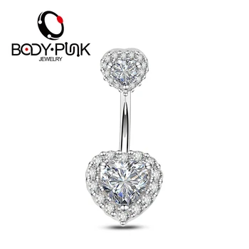 

Body Punk 2018 New Belly Piercing Jewelry 316L 14G Double Heart AAA CZ Curved Barbell Girl Navel Piercing Ring Belly Button Ring