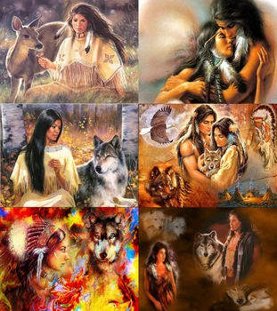 

Indian woman and wolf Landscape Cross Stitch Diy Indian woman Full Diamond Painting Kits Cross Stich Lovers Diamond Embroidery