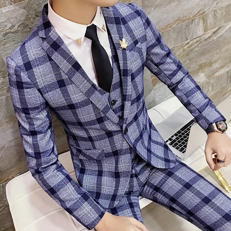 

Men Plaid Suit Jacket + Vest + Pants Business Wedding Banquet Men Suit 3 Piece Set Asia size S M L XL XXL XXXL Autumn men Blazer