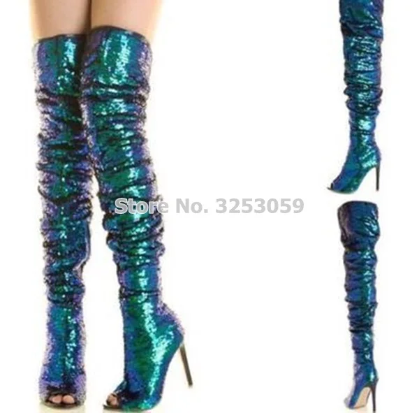 

ALMUDENA Luxurious Peacock Green Bling Bling Sequined Long Boots Glittering Paillette Gold Silver High Heels Over The Knee Boots