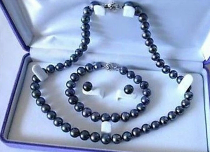 

07656 SOUTH SEA AAA Black Pearl Necklace Bracelet Earring Set