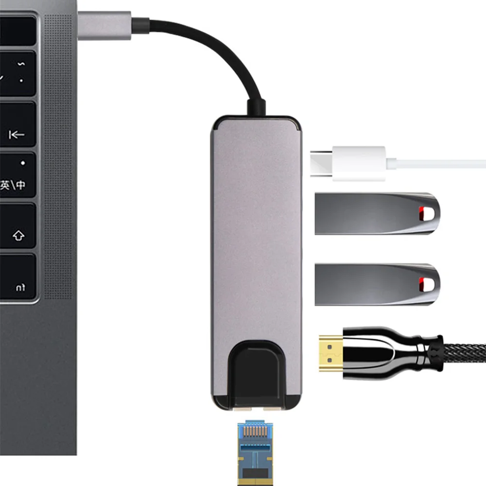 Adaptador USB-C de Ethernet USB Hub convertidor 4 K HDMI tipo C USB 3,0 a RJ45 Lan de la red tarjeta para macbook USB interruptor de Ethernet, - 4
