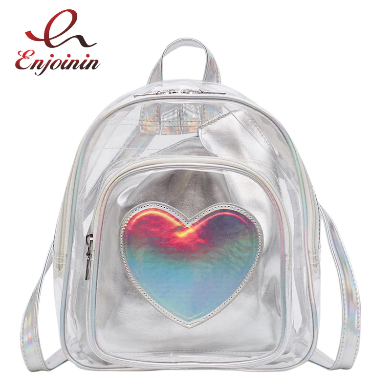 Модный прозрачный рюкзак из ПВХ с узором в виде сердца, серебристый и розовый цвет, рюкзак для путешествий для молодых девушек, женская сумка на плечо, школьная сумка, женская сумка