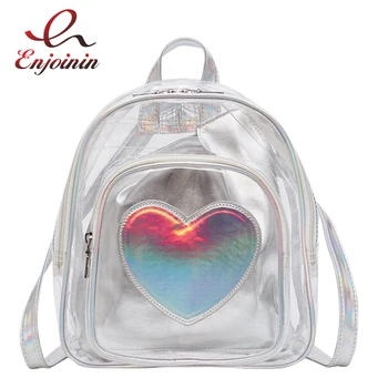 

Fashion Transparent PVC Heart Pattern Silver & Pink Young Girl's Travel Backpack Ladies Shoulder Bag School Bag Female Bolsa