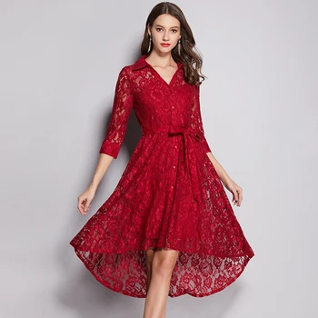 

2019 Three Quarter Lace Bow Hollow Out Dress Sexy Women Turn-Down Collar Button Night Club Body con Party Dresses Wholesale