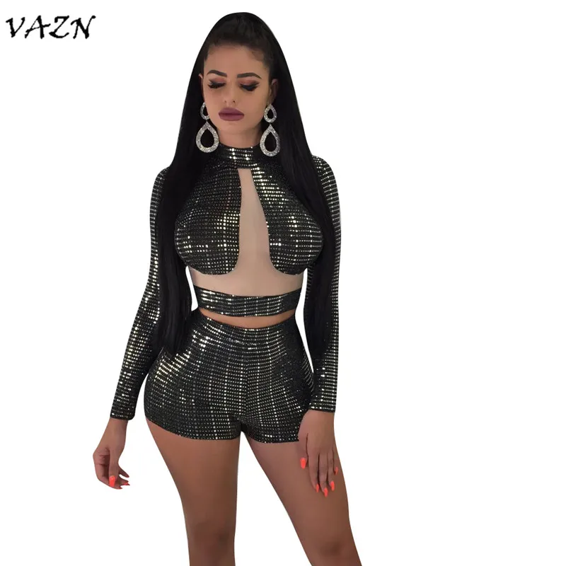 

VAZN 2018 new fashion sexy solid stand neck playsuits women full sleeve zipper playsuits ladie 2-pieces hollow out playsuit 6108