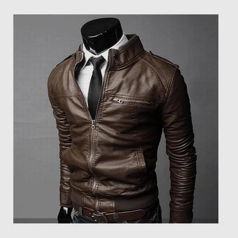 Men's PU Motorcycle Fashion Trends Personality Fashion Men's Windproof Leather Jackets Business Ties Epaulets Leather Clothing